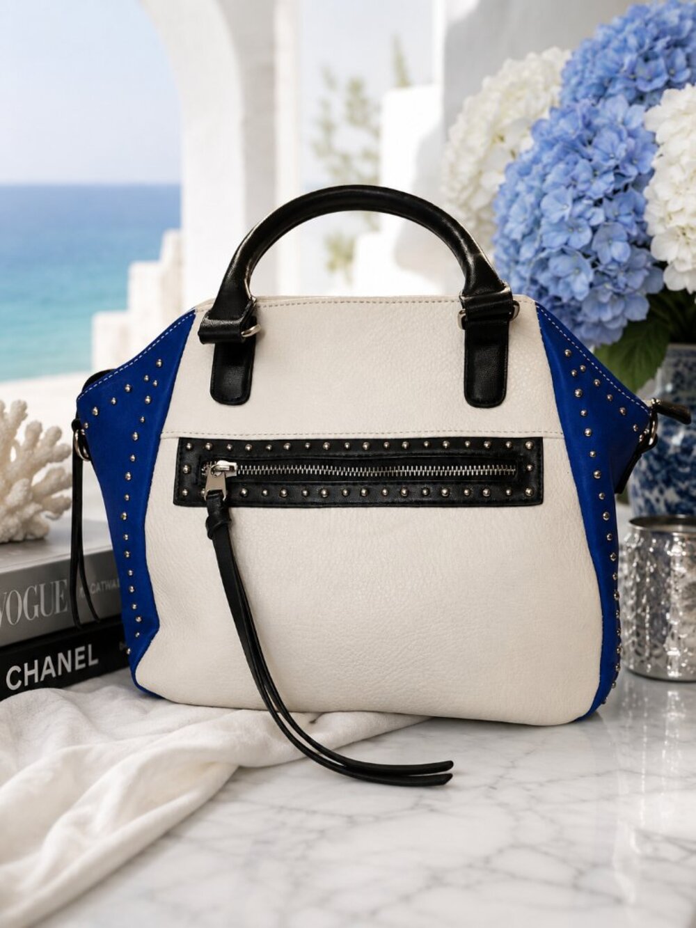 Studded Satchel Bag Color Block Cobalt Blue White Moto Rocker Chic Top Handle